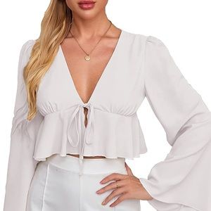 NWT (XS) White Tie Front Bell Sleeve Crop Top Peplum Ruffle Hem Blouse Shirt
